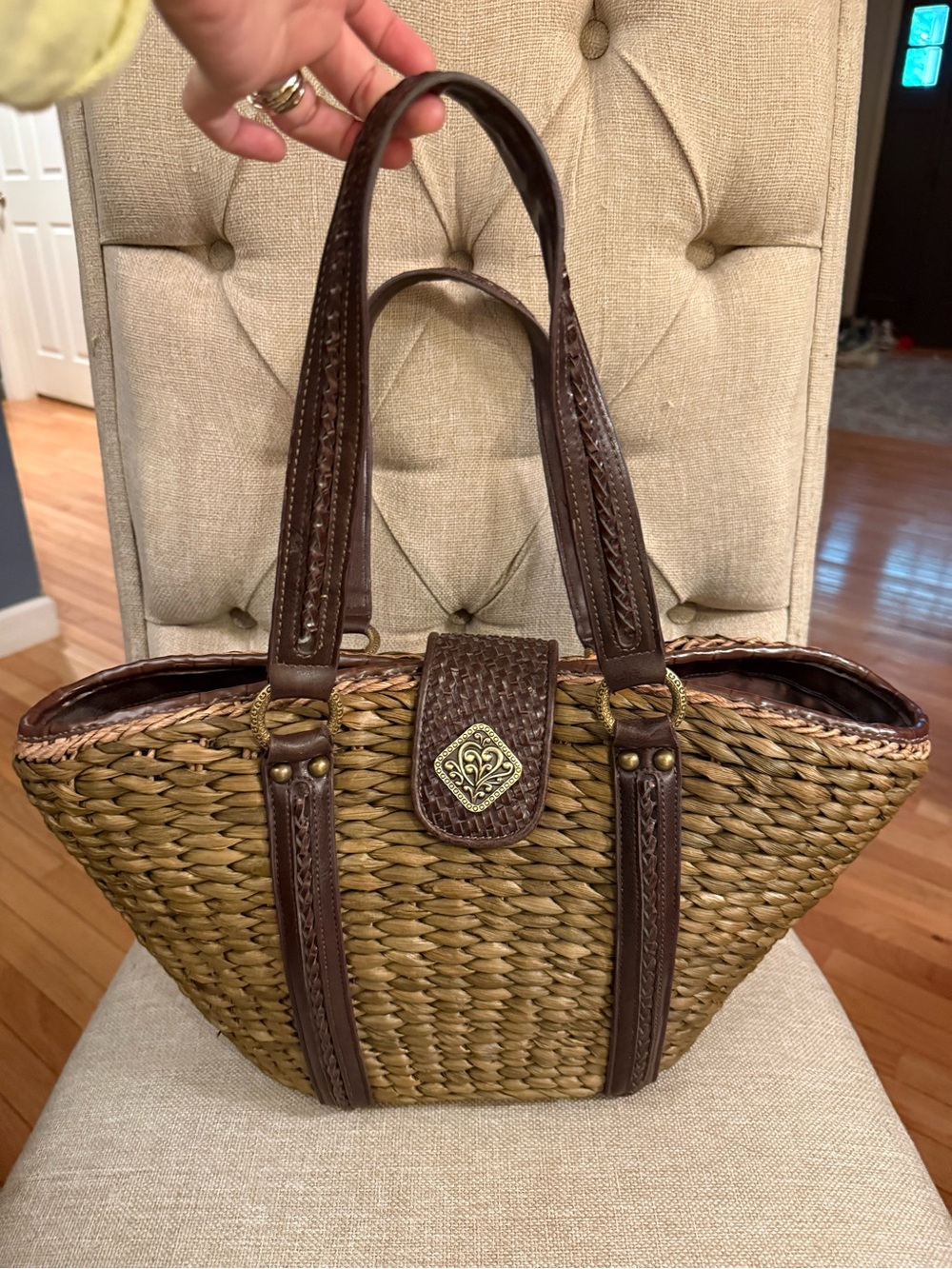 Woven Straw Tote Bag with Brown Leather Trim & handles